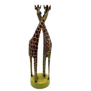 African Wood Art Hand-Carved Painted Wooden Entwined Giraffe Sculpture 12”